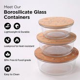 Homestic Pack of 3 Borosilicate Glass Kitchen Containers with Bamboo Lid | 390ml 620ml 960ml | Airtight Round Fridge Storage Boxes |kitchen organizer items and storage | Happy Dance Print